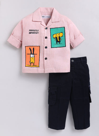 Flax Cotton Woven Cute Patch and Embroidered Full Sleeves Shirt Pant Set- Pink