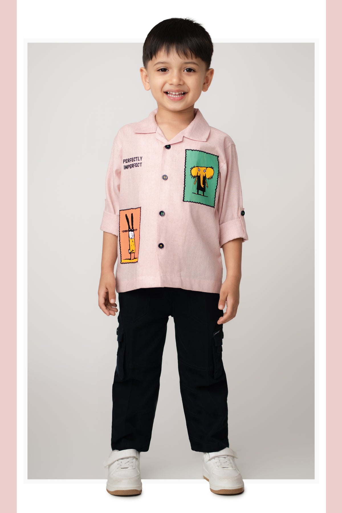Flax Cotton Woven Cute Patch and Embroidered Full Sleeves Shirt Pant Set- Pink
