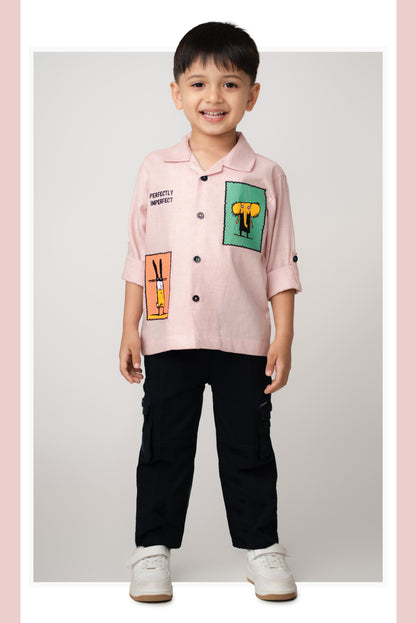 Flax Cotton Woven Cute Patch and Embroidered Full Sleeves Shirt Pant Set- Pink