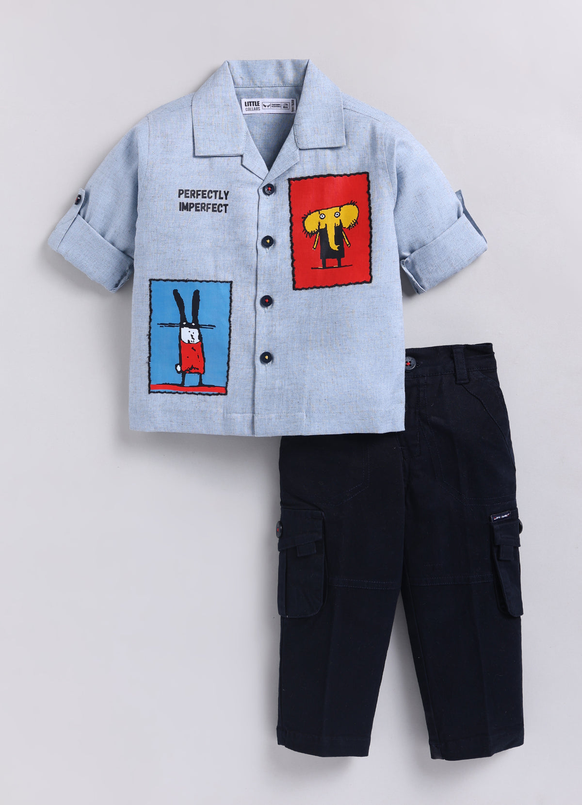 Flax Cotton Woven Cute Patch and Embroidered Full Sleeves Shirt Pant Set- Blue