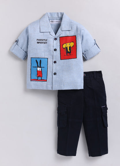 Flax Cotton Woven Cute Patch and Embroidered Full Sleeves Shirt Pant Set- Blue