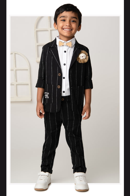 Boys Full Sleeves Cotton Striped Lion Coat Pant Shirt and Bow Coat Set- Black