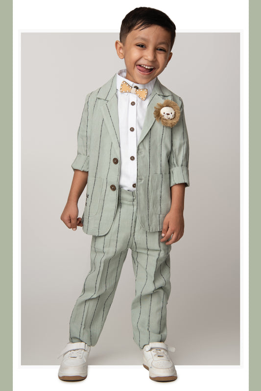 Boys Full Sleeves Cotton Striped Lion Coat Pant Shirt and Bow Coat Set- Green