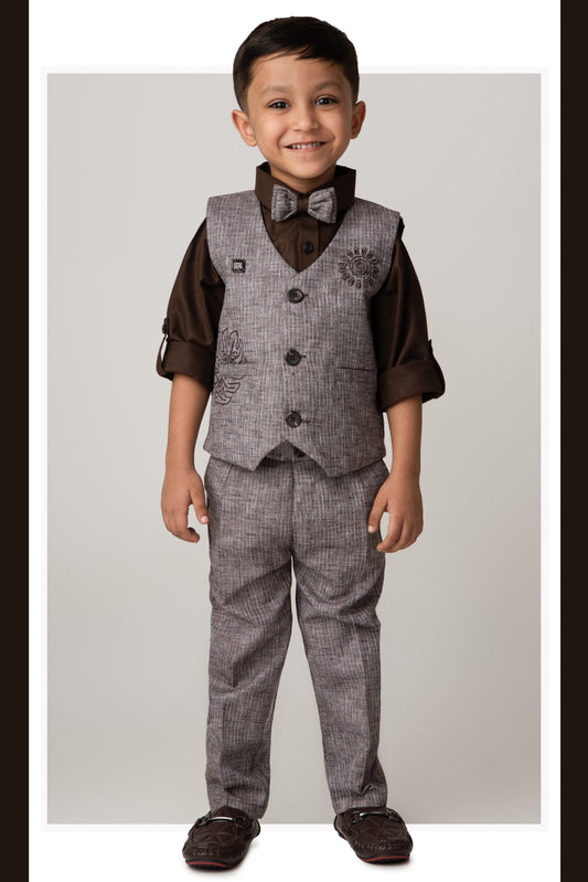Cotton Woven Full Sleeves Striped Embroidered Waistcoat Jacket Pant with Solid Shirt & Bow Coord Set- Coffee