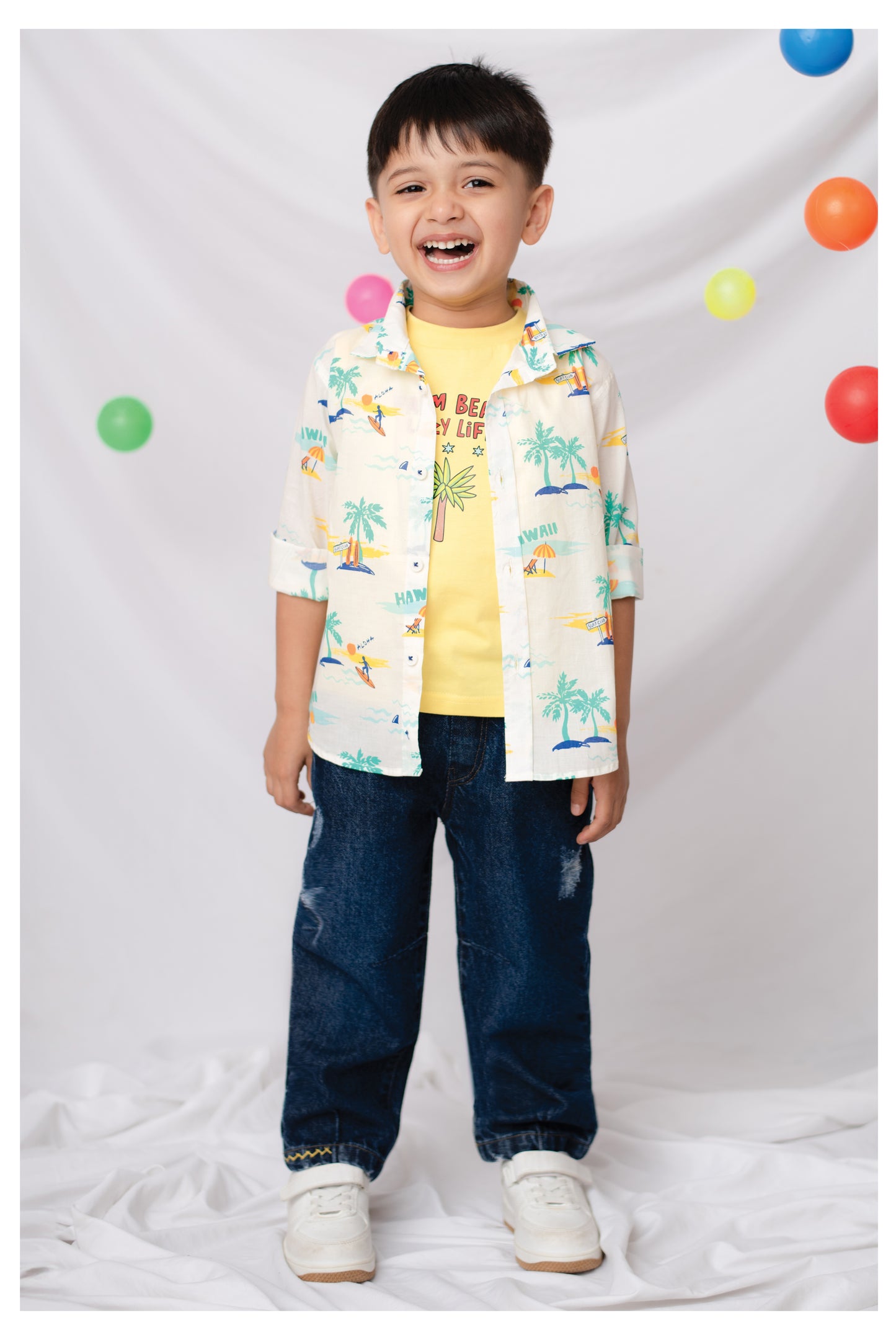 Boys Printed Casual Shirt, Tshirt & Barrel Fit Denim Pant Set - White