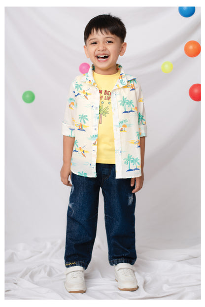 Boys Printed Casual Shirt, Tshirt & Barrel Fit Denim Pant Set - White