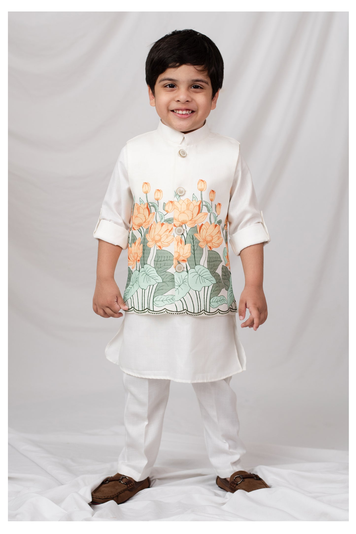 Boys Blended Cotton Lotus Blossom Printed Nehru Jacket, Kurta Pajama Set, Festive Wear Ethnic Set- Yellow