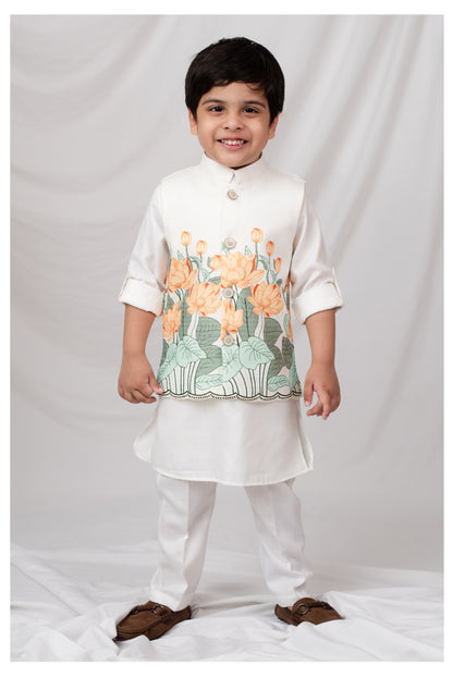 Boys Blended Cotton Lotus Blossom Printed Nehru Jacket, Kurta Pajama Set, Festive Wear Ethnic Set- Yellow