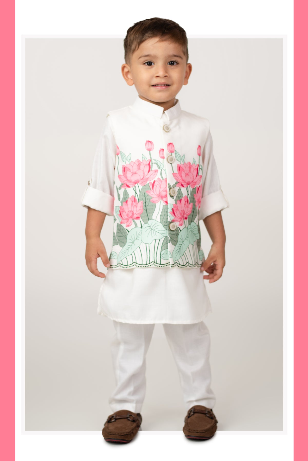 Boys Blended Cotton Lotus Blossom Printed Nehru Jacket, Kurta Pajama Set, Festive Wear Ethnic Set- Pink