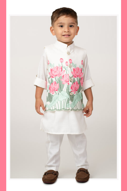Boys Blended Cotton Lotus Blossom Printed Nehru Jacket, Kurta Pajama Set, Festive Wear Ethnic Set- Pink