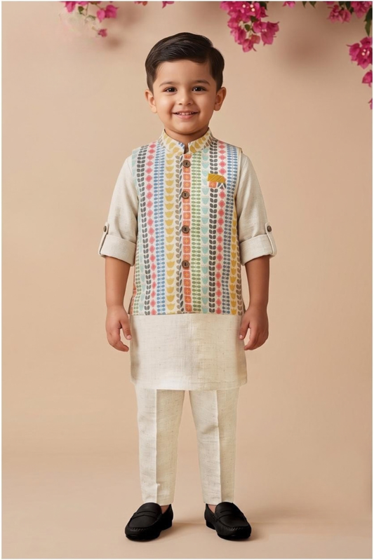 Boys Blended Cotton Woven Floral Printed Nehru Jacket, Full Sleeve Kurta and Pajama Ethnic Set - Multi
