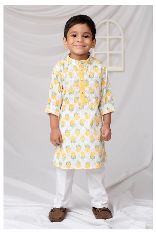 Boys Woven Pure Cotton Floral Printed Kurta Pajama with Handwork on Button Ethnic Wear Festive Set- Yellow