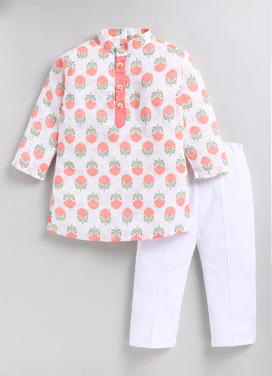 Boys Woven Pure Cotton Floral Printed Kurta Pajama with Handwork on Button Ethnic Wear Festive Set- Peach