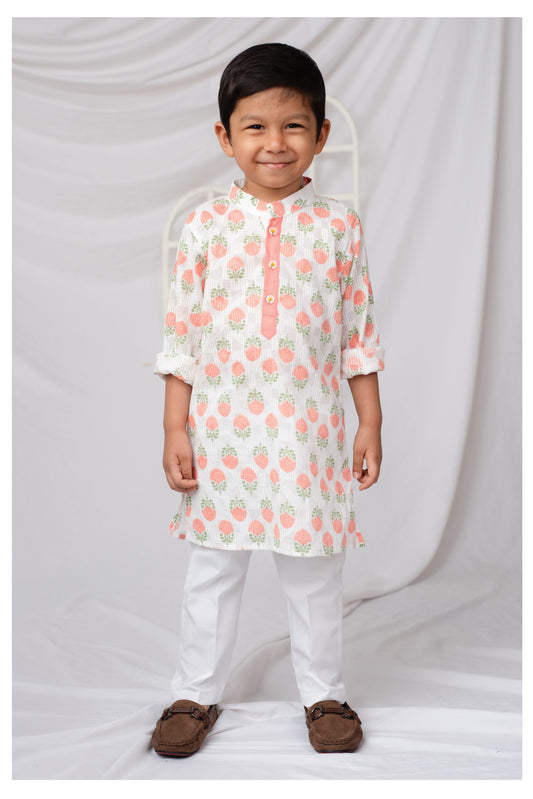 Boys Woven Pure Cotton Floral Printed Kurta Pajama with Handwork on Button Ethnic Wear Festive Set- Peach