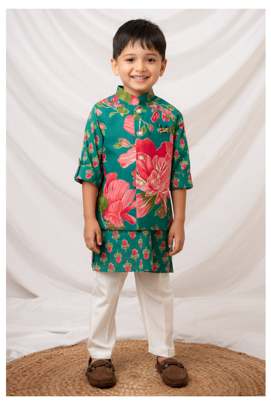 Boys Pure Cotton Woven Bright Floral Jaipuri Printed Full Sleeve Kurta and Pajama Ethnic Set - Green