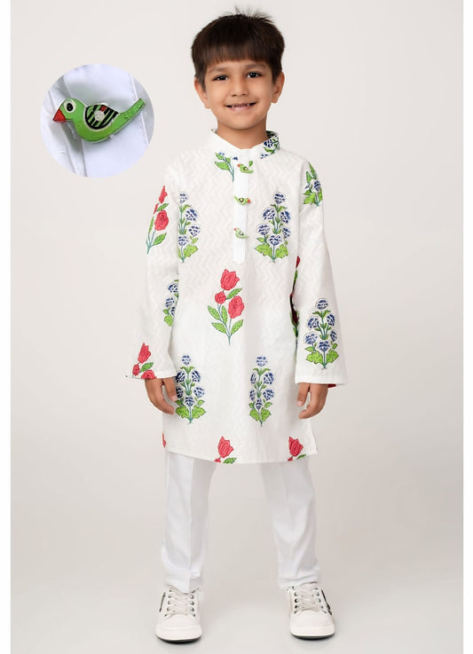 Boys Jaipuri Pure Hand block Cotton Kurta Pajama Wooden Parrot Button Ethnic Set- White
