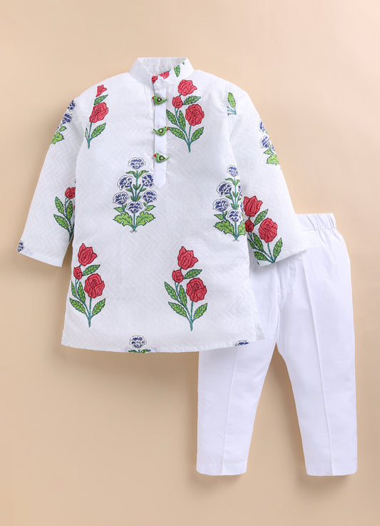 Boys Jaipuri Pure Hand block Cotton Kurta Pajama Wooden Parrot Button Ethnic Set- White