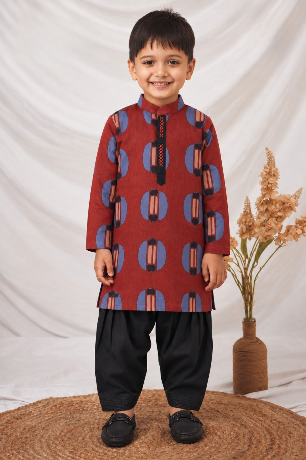 Boys 100% Pure Cotton Jaipuri Print Full Sleeve Patiala Ethnic Set with Handwork Detailing on Box - RED