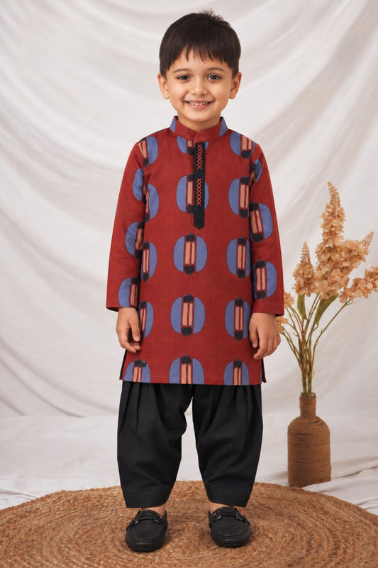 Boys 100% Pure Cotton Jaipuri Print Full Sleeve Patiala Ethnic Set with Handwork Detailing on Box - RED