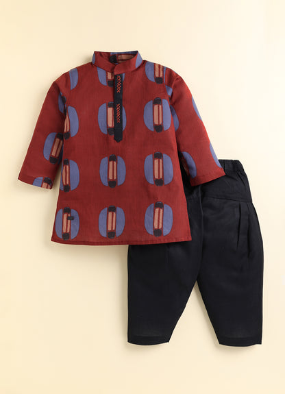 Boys 100% Pure Cotton Jaipuri Print Full Sleeve Patiala Ethnic Set with Handwork Detailing on Box - RED