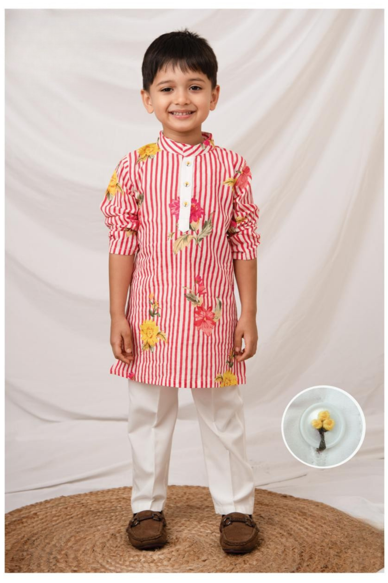 Boys Pure Cotton Jaipuri Floral Printed Full Sleeve Kurta and Pajama Ethnic Set - Pink