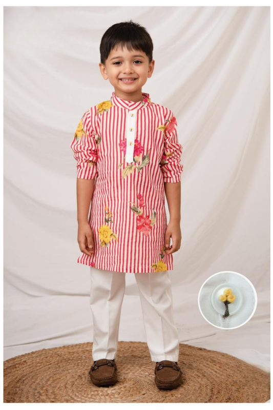 Boys Pure Cotton Jaipuri Floral Printed Full Sleeve Kurta and Pajama Ethnic Set - Pink