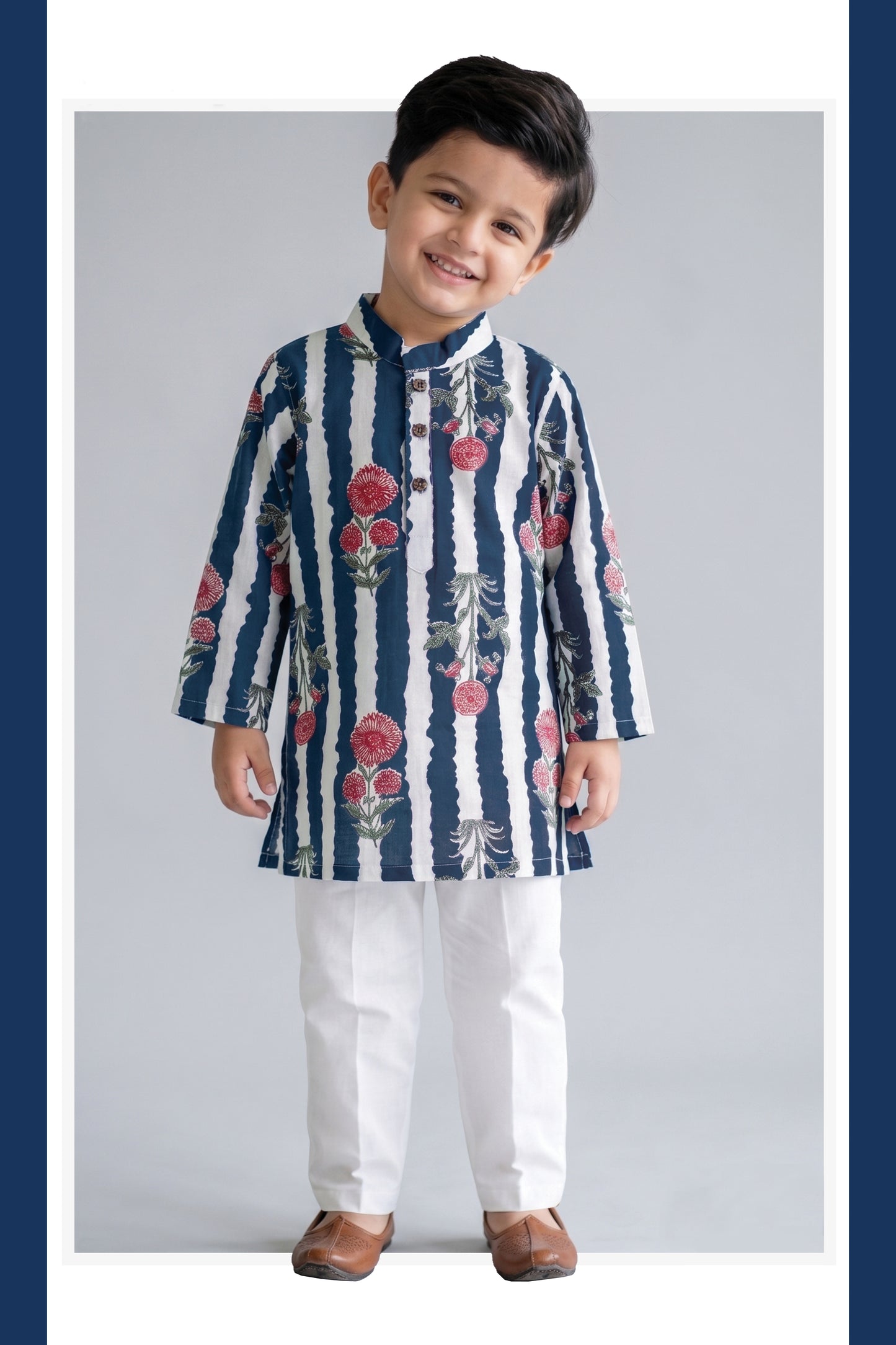 Boys Pure Cotton Jaipuri Floral Printed Full Sleeve Kurta and Pajama Ethnic Set - Blue