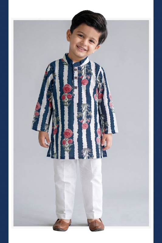 Boys Pure Cotton Jaipuri Floral Printed Full Sleeve Kurta and Pajama Ethnic Set - Blue