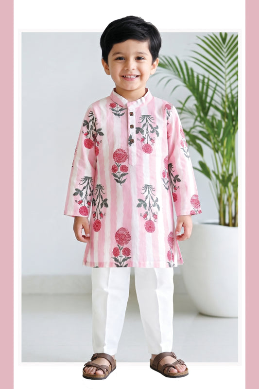 Boys Pure Cotton Jaipuri Floral Printed Full Sleeve Kurta and Pajama Ethnic Set - Pink