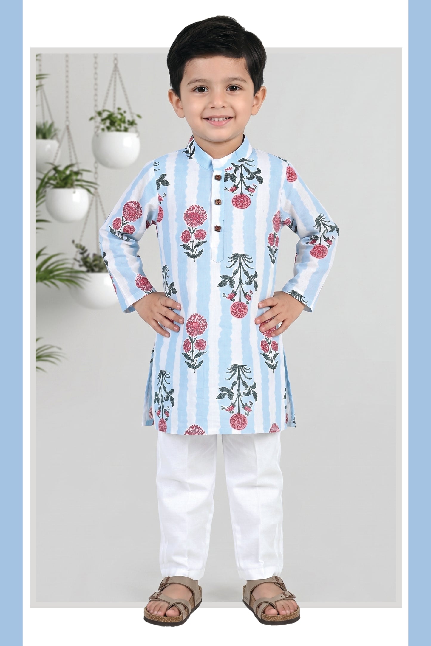 Boys Pure Cotton Jaipuri Floral Printed Full Sleeve Kurta and Pajama Ethnic Set - Sky