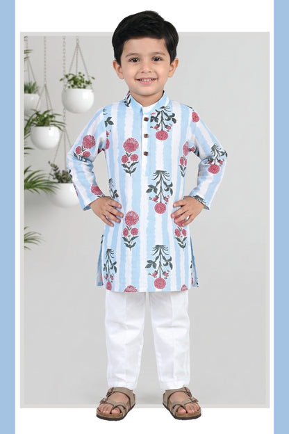Boys Pure Cotton Jaipuri Floral Printed Full Sleeve Kurta and Pajama Ethnic Set - Sky