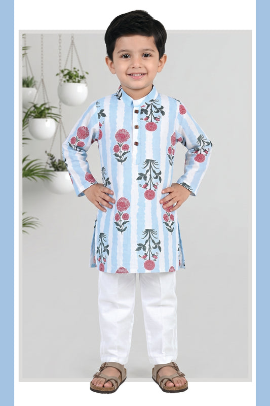 Boys Pure Cotton Jaipuri Floral Printed Full Sleeve Kurta and Pajama Ethnic Set - Sky