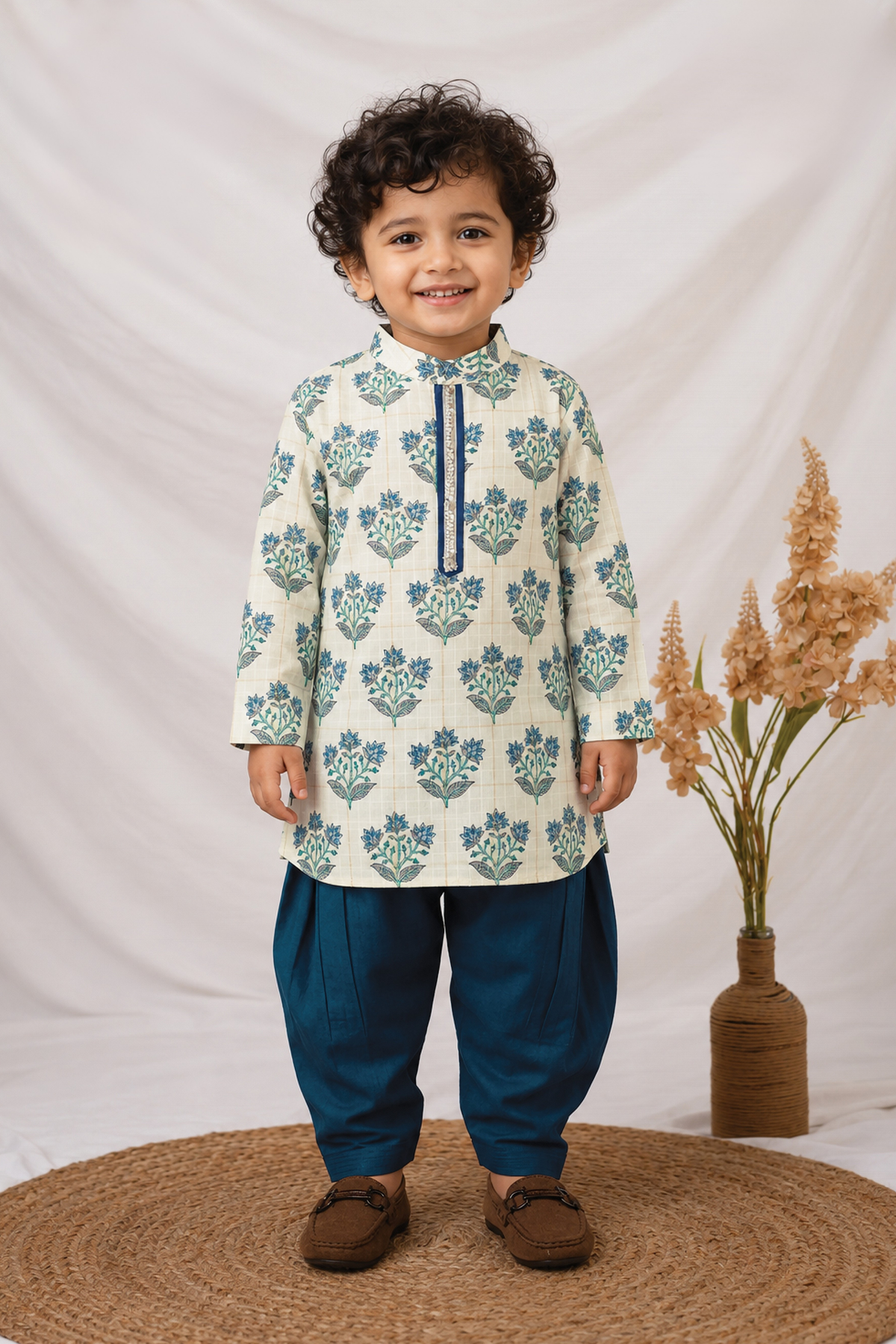 Boys 100% Cotton Jaipuri Floral Printed Full Sleeve Kurta with moti lace and Patiala Ethnic Set  - Blue