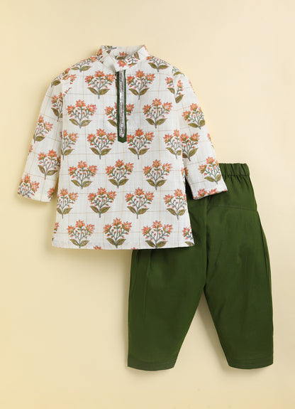 Boys 100% Cotton Jaipuri Floral Printed Full Sleeve Kurta with moti lace and Patiala Ethnic Set  - Green