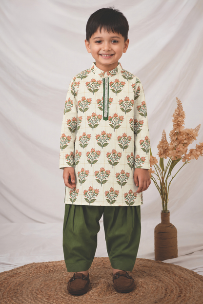 Boys 100% Cotton Jaipuri Floral Printed Full Sleeve Kurta with moti lace and Patiala Ethnic Set  - Green