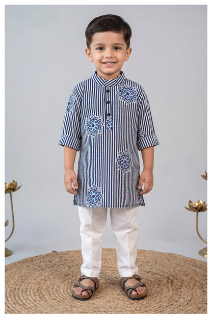 Boys Pure Cotton Jaipuri Printed Full Sleeve Kurta and Pajama Ethnic Set - Blue