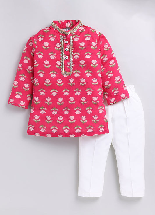 Boys Jaipuri Floral Handblock Printed Cotton Kurta Pajama Set, Ethnic Festive Wear Set- Pink