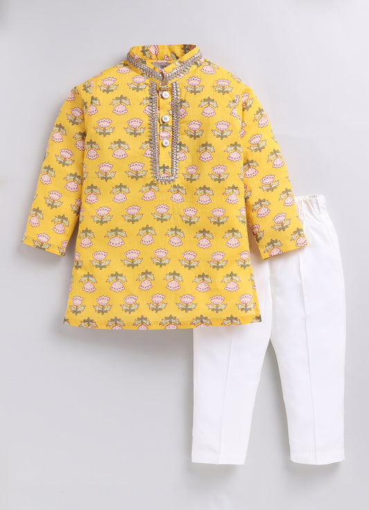 Boys Jaipuri Floral Handblock Printed Cotton Kurta Pajama Set, Ethnic Festive Wear Set- Mustard
