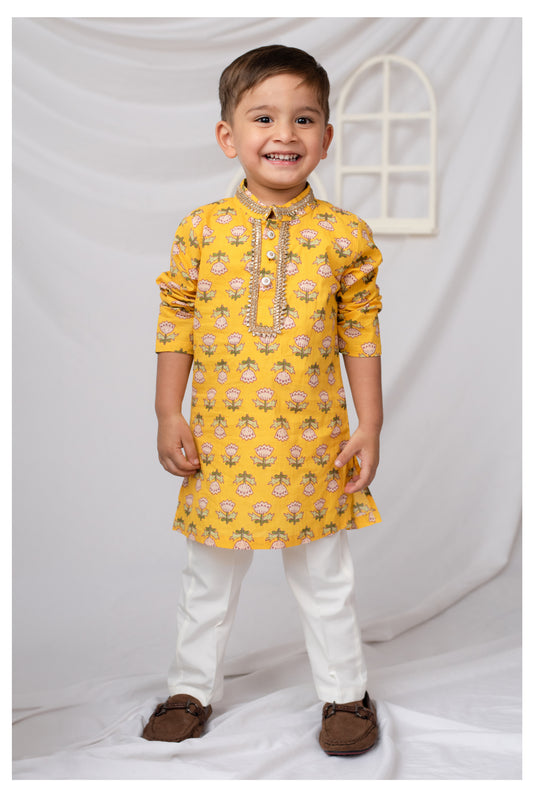 Boys Jaipuri Floral Handblock Printed Cotton Kurta Pajama Set, Ethnic Festive Wear Set- Mustard