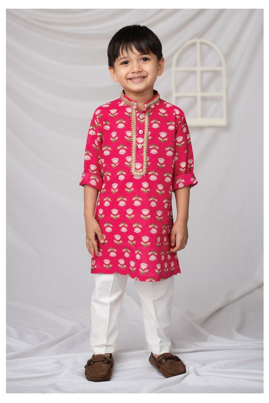 Boys Jaipuri Floral Handblock Printed Cotton Kurta Pajama Set, Ethnic Festive Wear Set- Pink