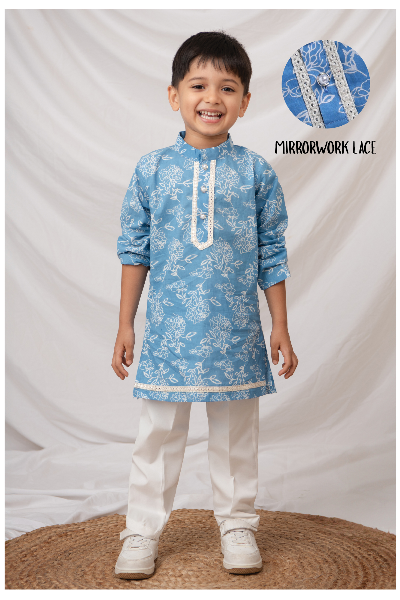 Boys Pure Cotton Woven Super Soft Jaipuri Floral Printed Full Sleeve Kurta and Pajama Ethnic Set - Blue