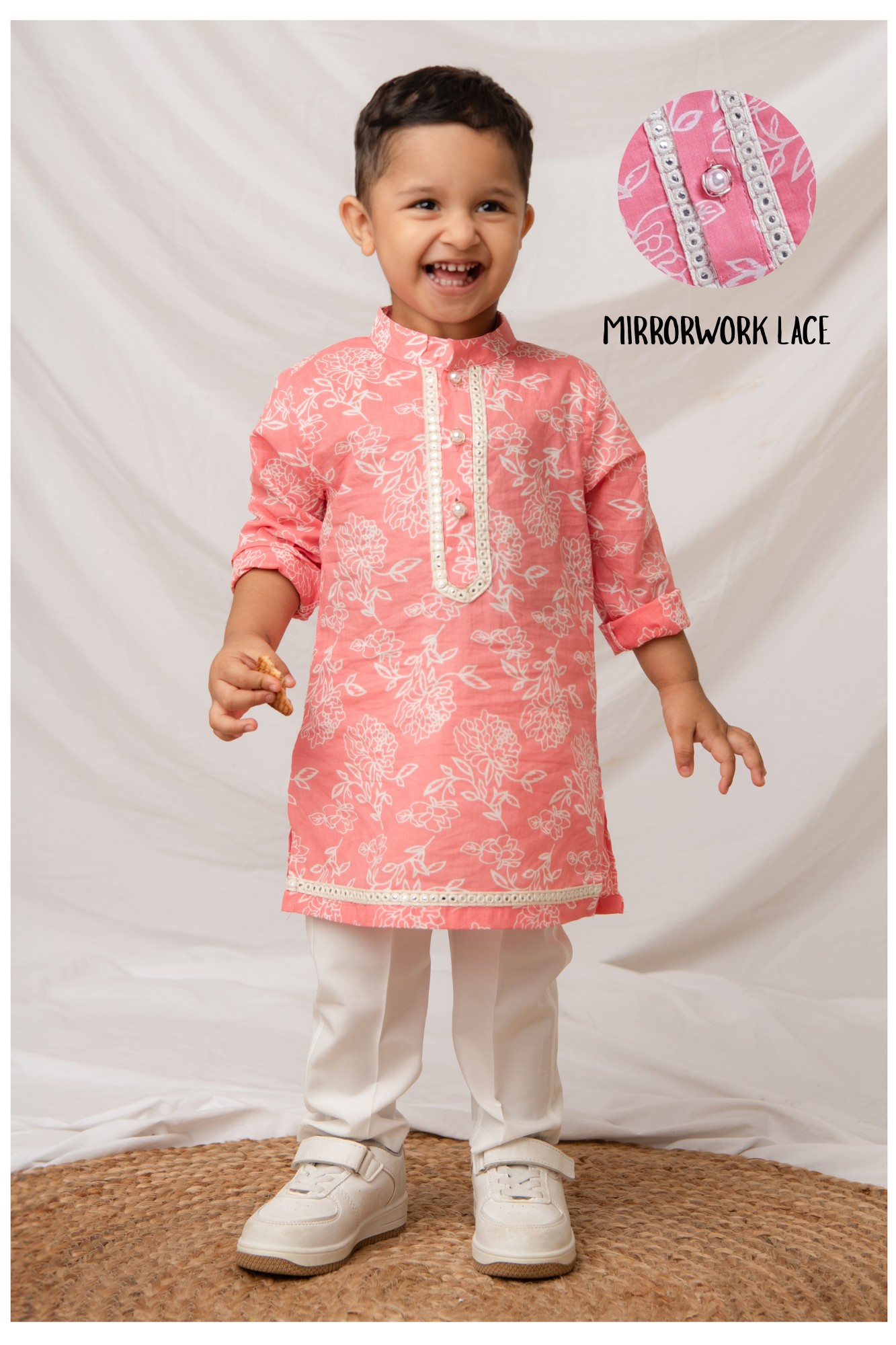 Boys Pure Cotton Woven Super Soft Jaipuri Floral Printed Full Sleeve Kurta and Pajama Ethnic Set - Pink