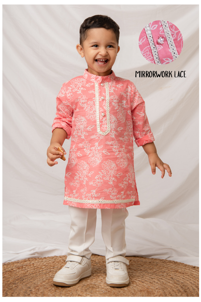 Boys Pure Cotton Woven Super Soft Jaipuri Floral Printed Full Sleeve Kurta and Pajama Ethnic Set - Pink