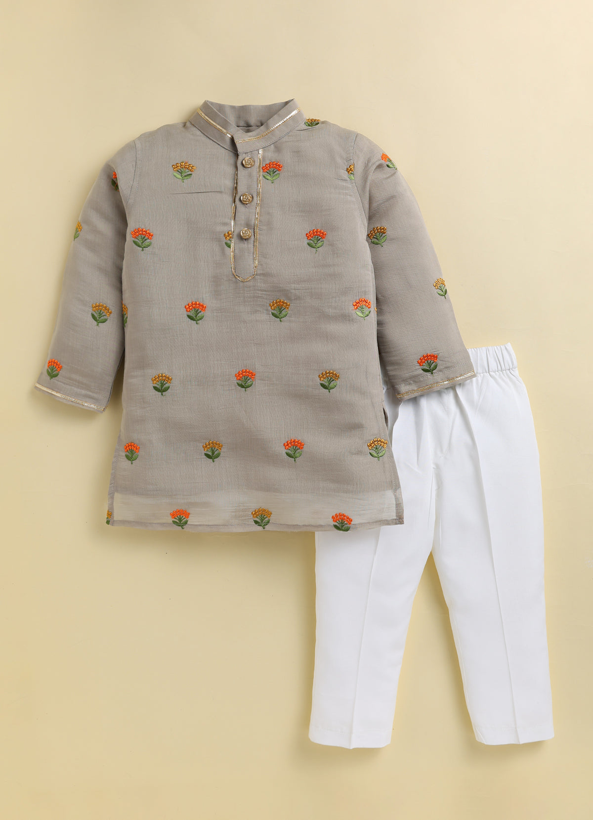 Blended Woven Floral Butti Embroidered Full Sleeves Kurta Pajama Ethnic Set- Earth
