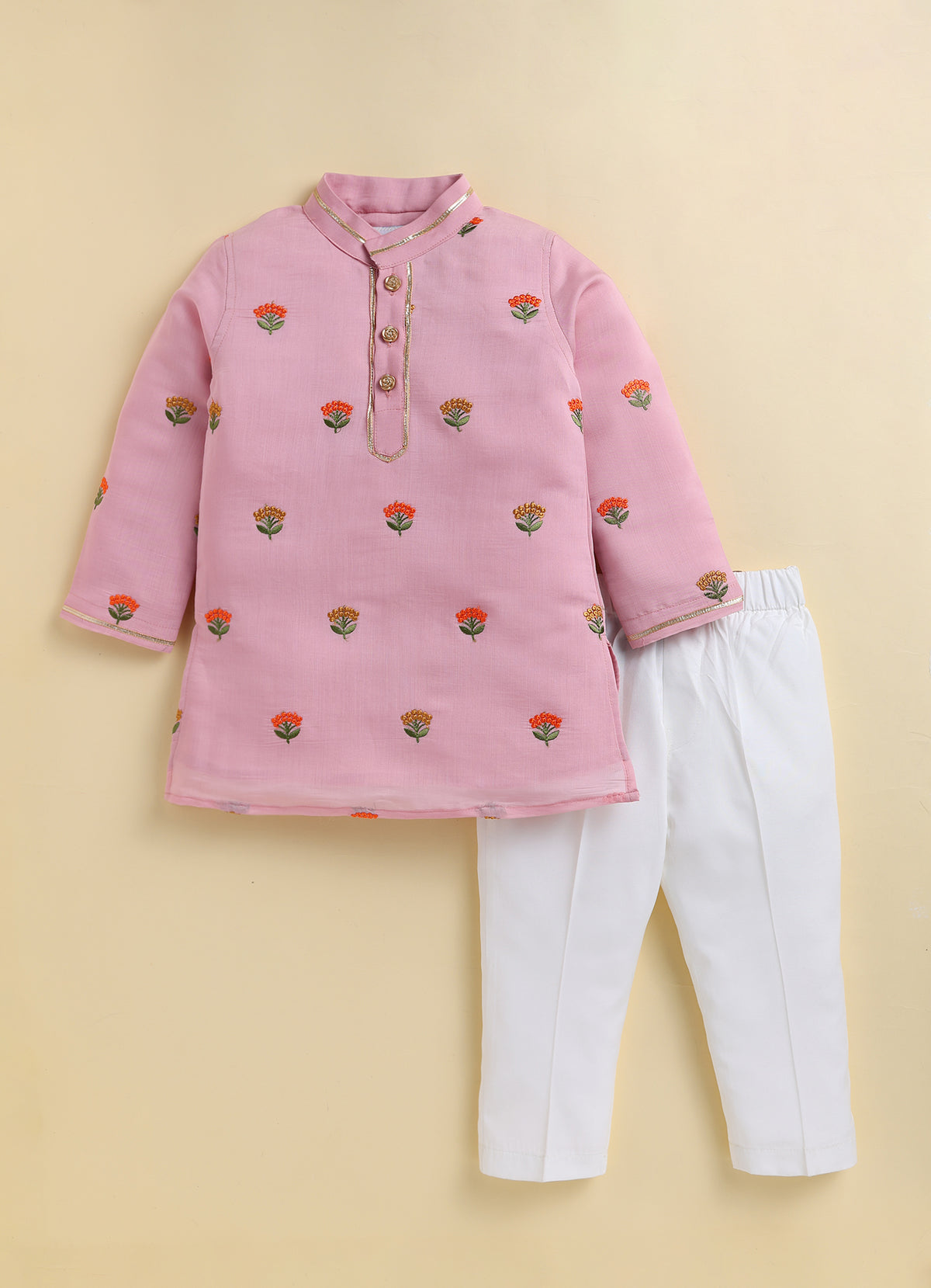 Blended Woven Floral Butti Embroidered Full Sleeves Kurta Pajama Ethnic Set- PINK