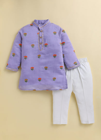 Blended Woven Floral Butti Embroidered Full Sleeves Kurta Pajama Ethnic Set- Purple
