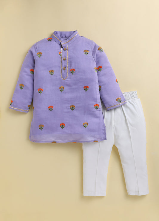 Blended Woven Floral Butti Embroidered Full Sleeves Kurta Pajama Ethnic Set- Purple
