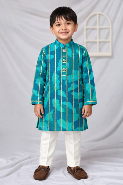 Boys Viscose Gotta Laced Full Sleeve Festive Kurta with exclusive buttons and Pajama Ethnic Set - Green