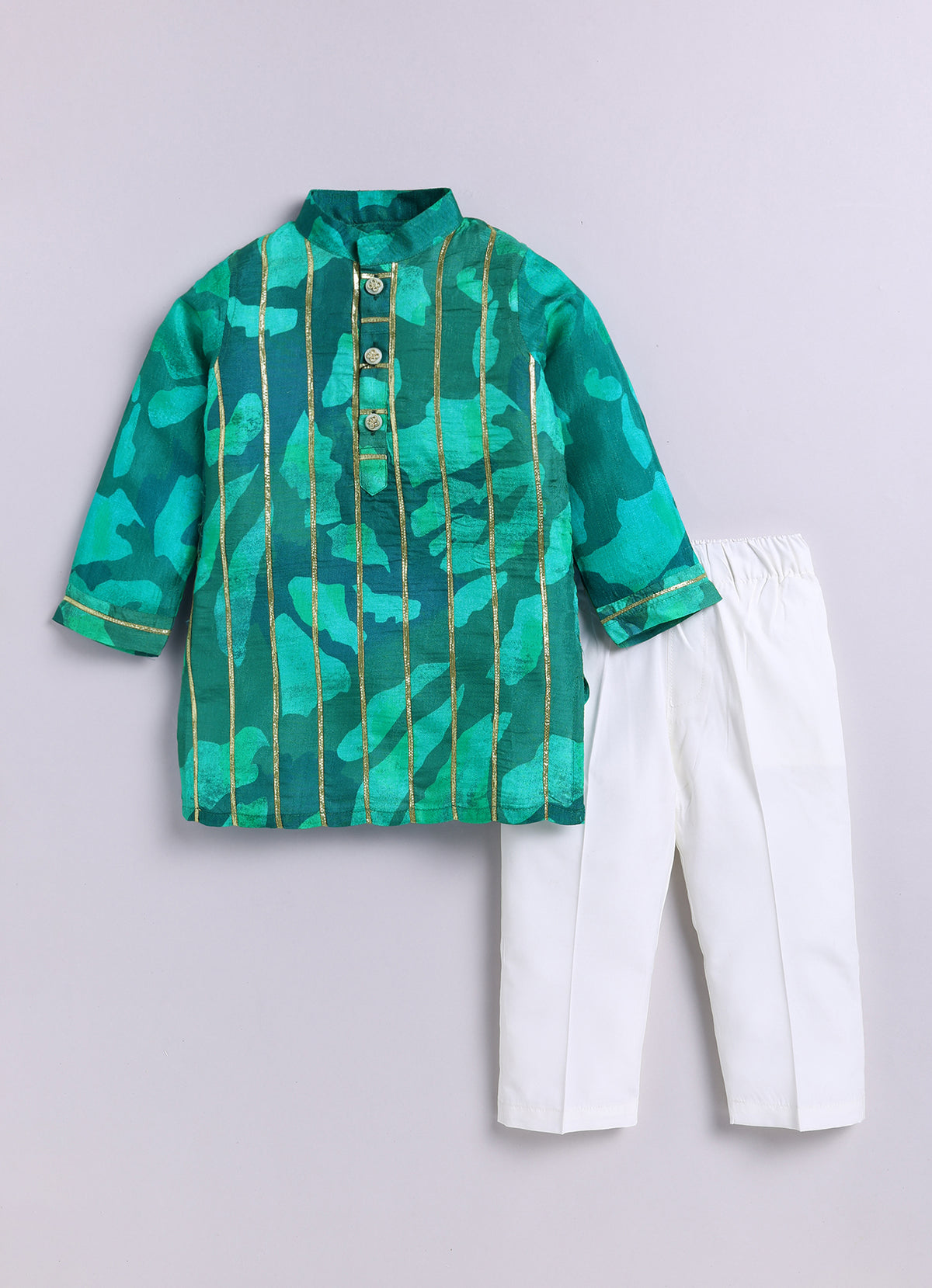 Boys Viscose Gotta Laced Full Sleeve Festive Kurta with exclusive buttons and Pajama Ethnic Set - Green