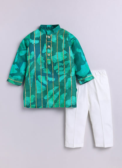 Boys Viscose Gotta Laced Full Sleeve Festive Kurta with exclusive buttons and Pajama Ethnic Set - Green